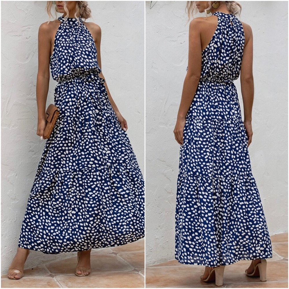 Boho Blue White Floral Print Halter Ruffle Maxi Dress - Picture 6 of 13